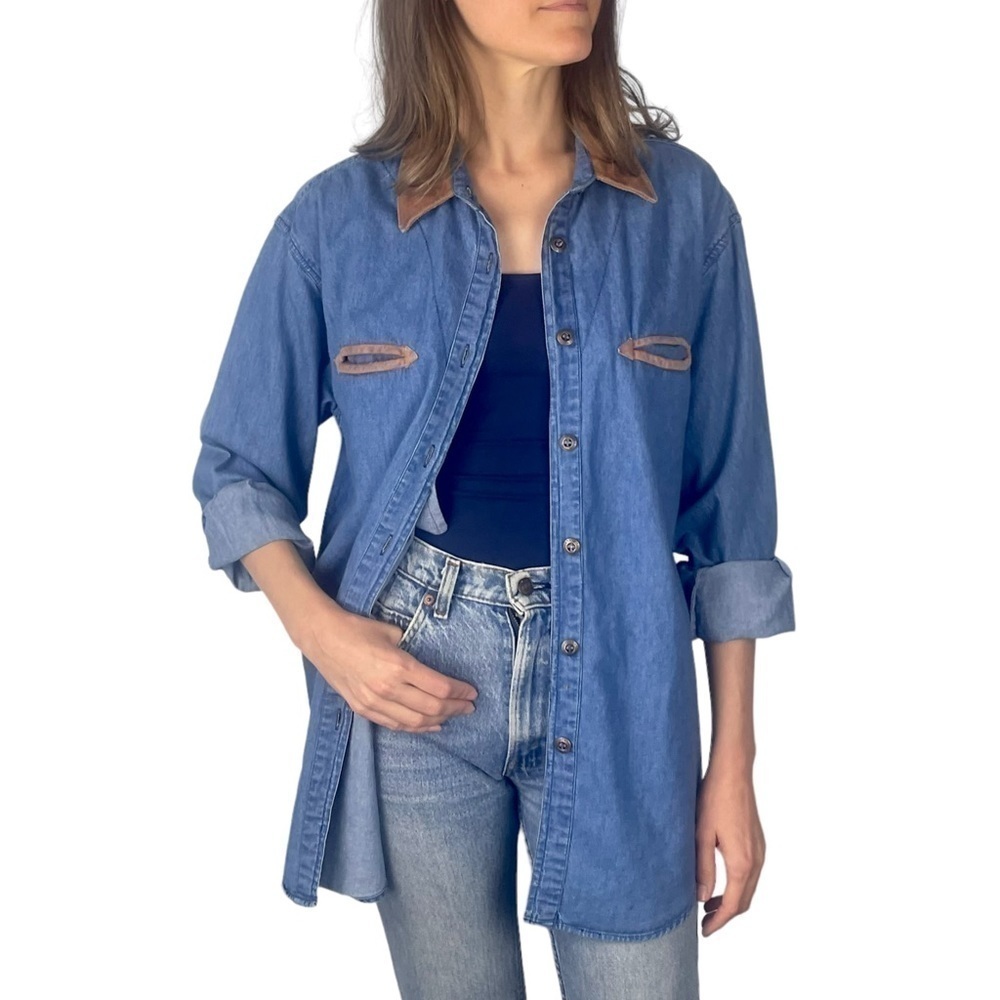 VINTAGE HGNY JEANS LEATHER TRIM DENIM BUTTON DOWN SHIRT